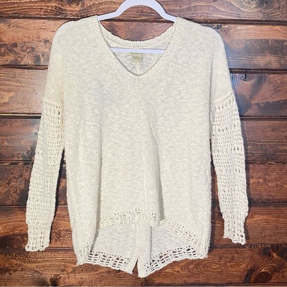 Lucky Brand Cream Mixed Weave Chunky Knit BOHO Pullover V Neck Sweater Size M - Picture 5 of 12